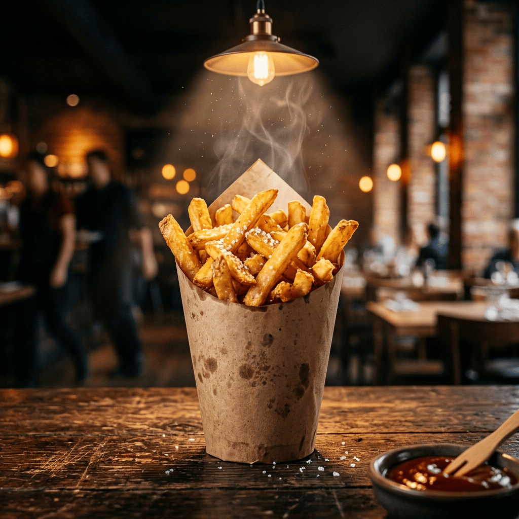Paper cone of golden crispy french fries on a dark rustic wooden table under a warm pendant spotlight
