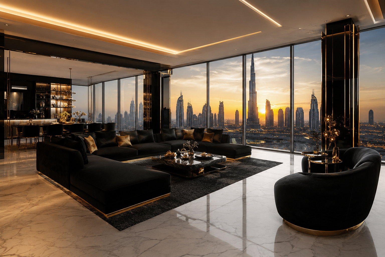 Luxury penthouse living room render with floor-to-ceiling glass, city skyline view, white marble flooring and golden sunset lighting